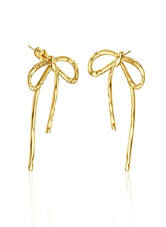 Moodear Gold Bow Earrings Ribbon BowStud Earrings for Women Trendy 14K Gold Plated - Cute Long Thin Big Bowknot Statement Earrings Dainty Jewelry Gifts for Women - Image 1